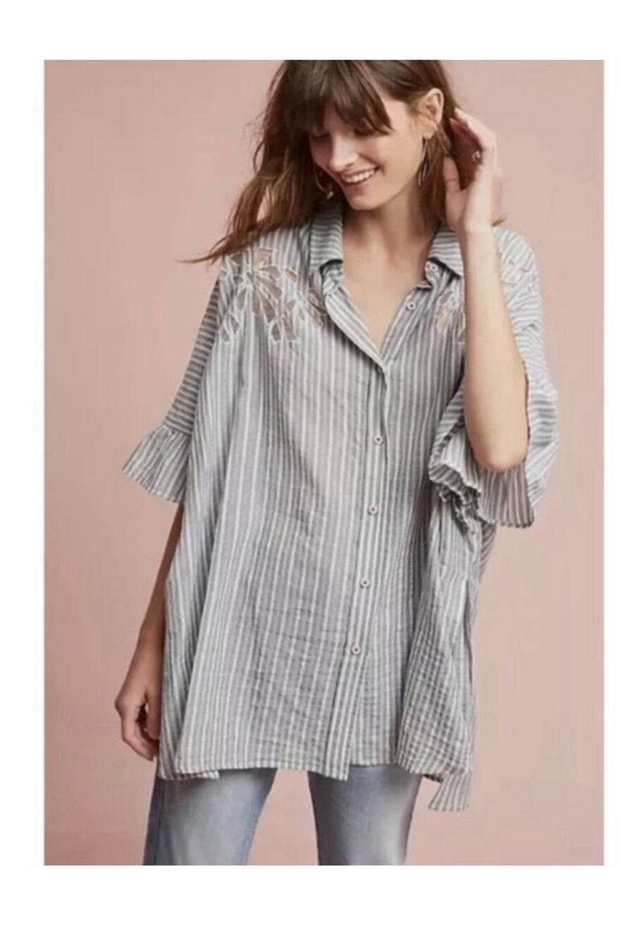 Maeve Betty Gray Button Oversize Shirt Flower Cut Out Detail Anthropologie XS/S